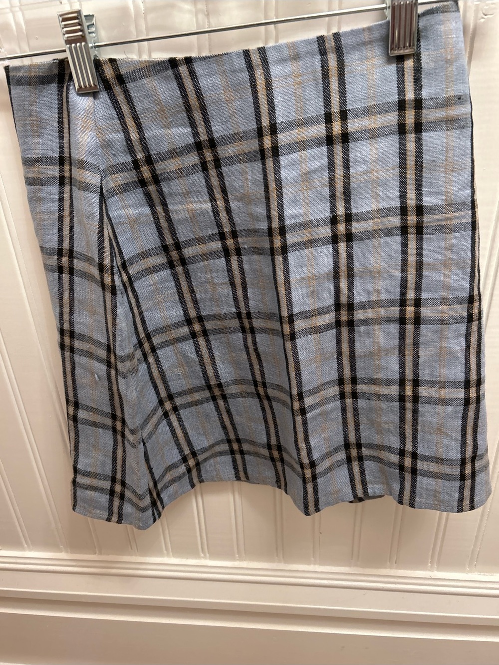 Reformation Plaid Linen Mini Skirt Blue Check Side Zip Size 0